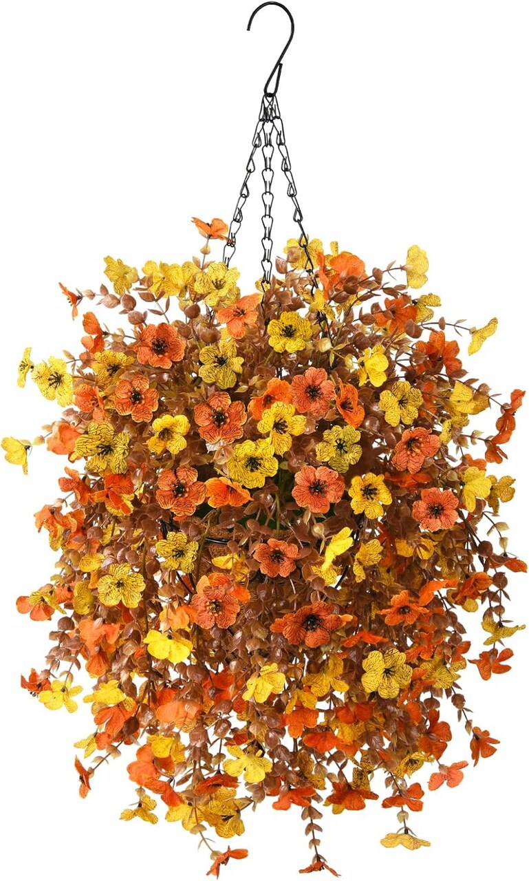 Artificial Faux Hanging Plants Flowers Basket for Outdoor Spring Decoration,Fake Silk Orange Mums planters UV Resistant Look Real for Home Porch Patio Balcony Yard Outside Summer Decor (Orange Yellow)